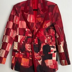 Kid super Red Checkered Blazer with Artistic Print